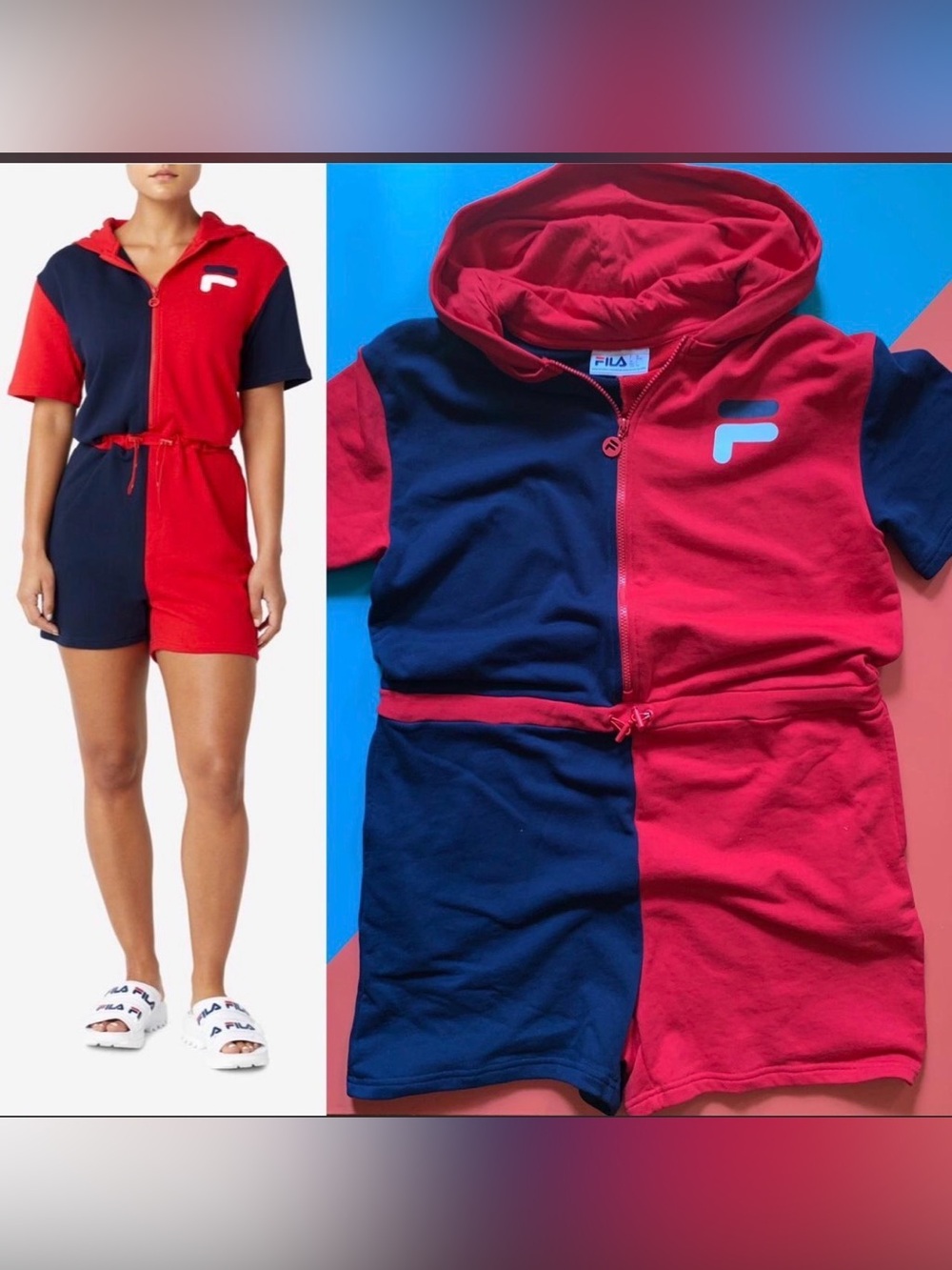 FILA Red & Navy Color Block Short Sleeve Zip-Up Hooded Romper Shorts Size Large